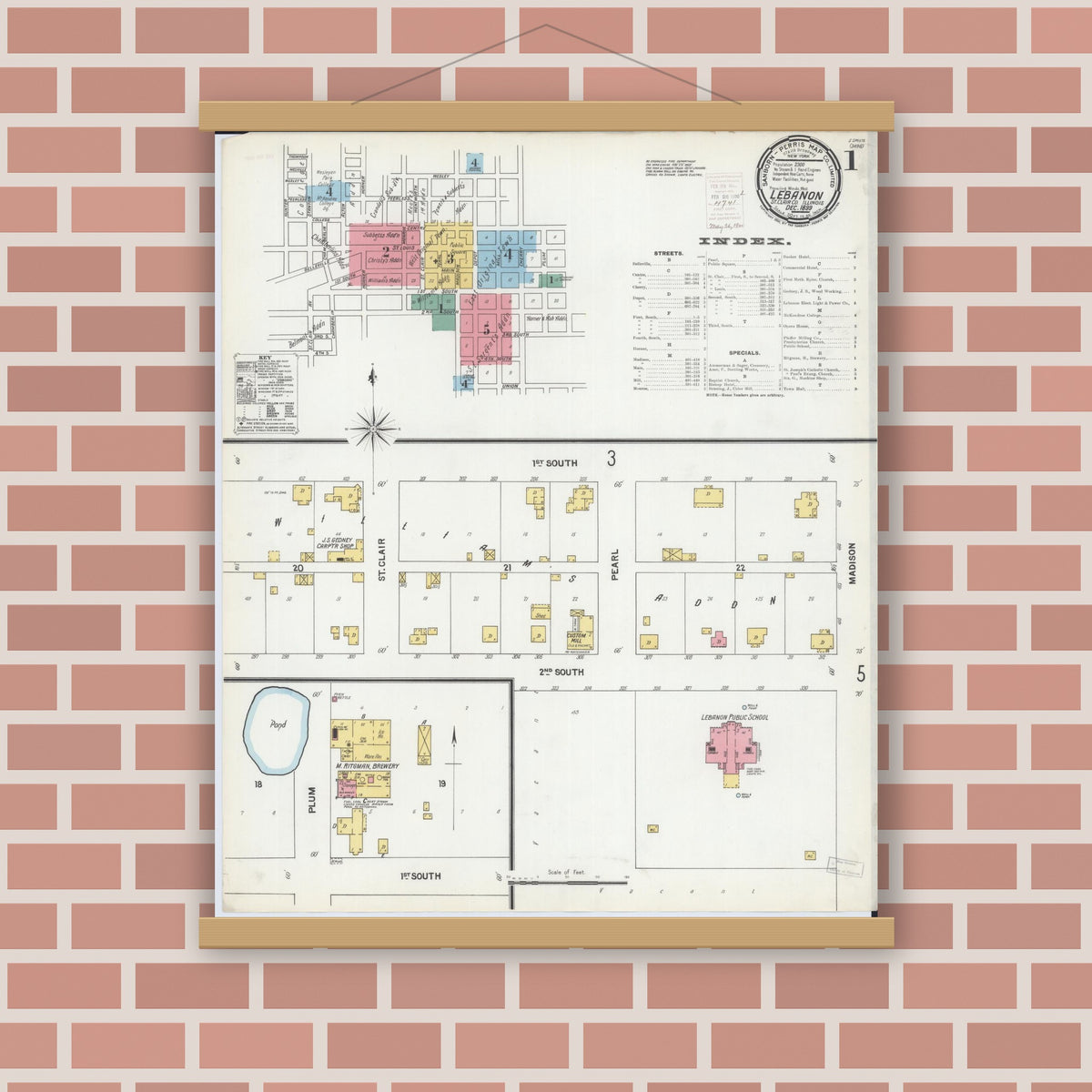 Old map wall art mockup — magnetic wood frame on brick wall — Sanborn Fire Insurance Map from Lebanon, Saint Clair County, Illinois (1899) - Complete Map Set