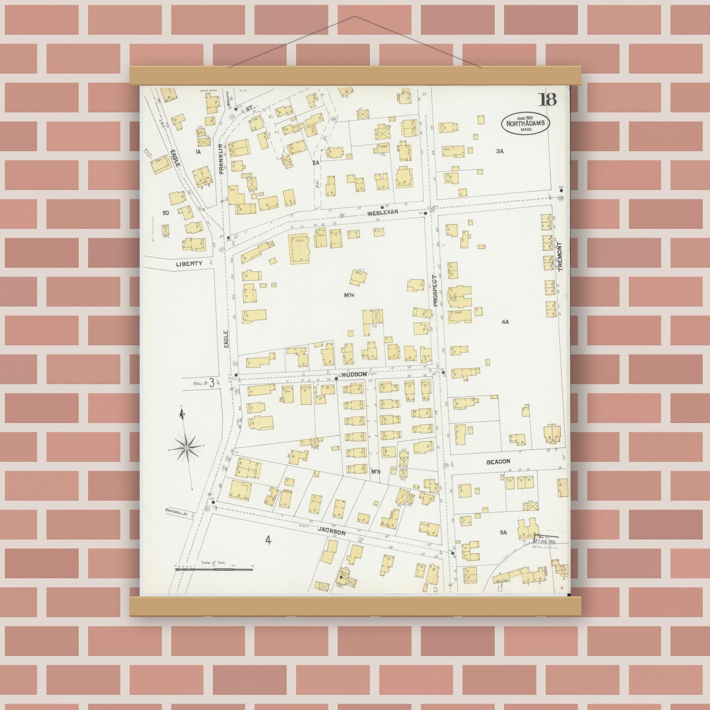Old map wall art mockup — magnetic wood frame on brick wall — Sanborn Fire Insurance Map from North Adams, Berkshire County, Massachusetts (1901), Sheet #0018