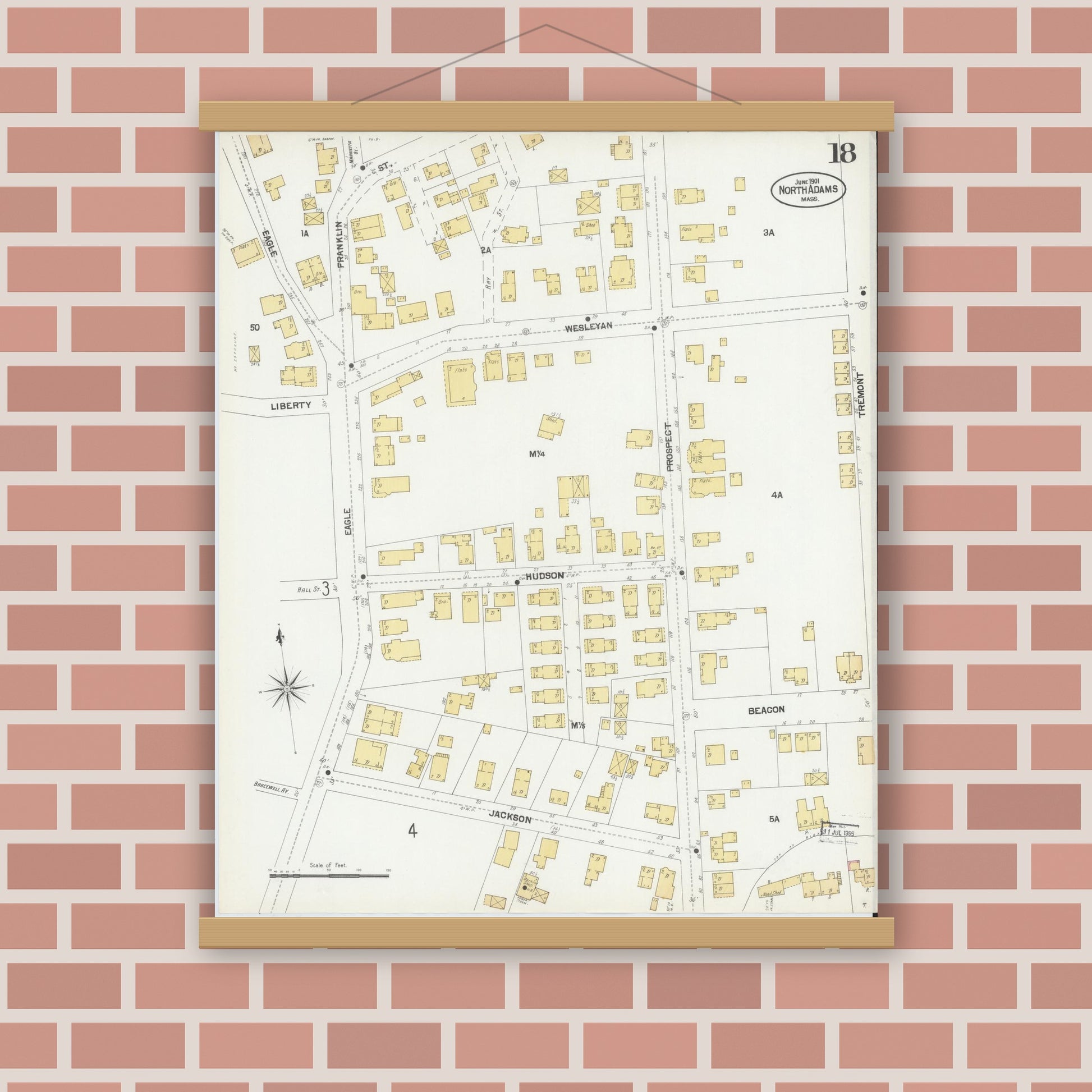 Old map wall art mockup — magnetic wood frame on brick wall — Sanborn Fire Insurance Map from North Adams, Berkshire County, Massachusetts (1901), Sheet #0018
