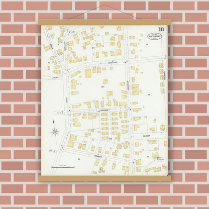 Old map wall art mockup — magnetic wood frame on brick wall — Sanborn Fire Insurance Map from North Adams, Berkshire County, Massachusetts (1901), Sheet #0018
