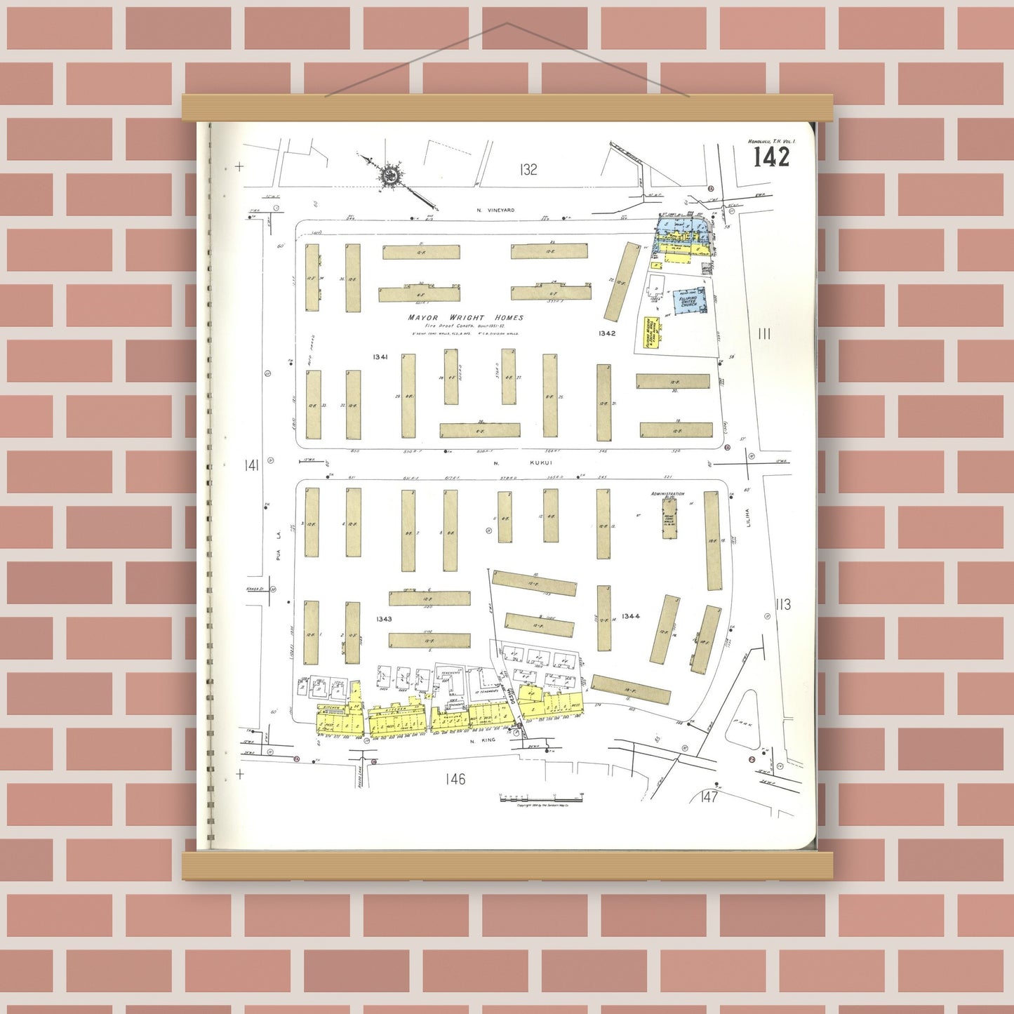 Old map wall art mockup — magnetic wood frame on brick wall — Sanborn Fire Insurance Map from Honolulu, Oahu County, Hawaii (1955), Sheet #0142