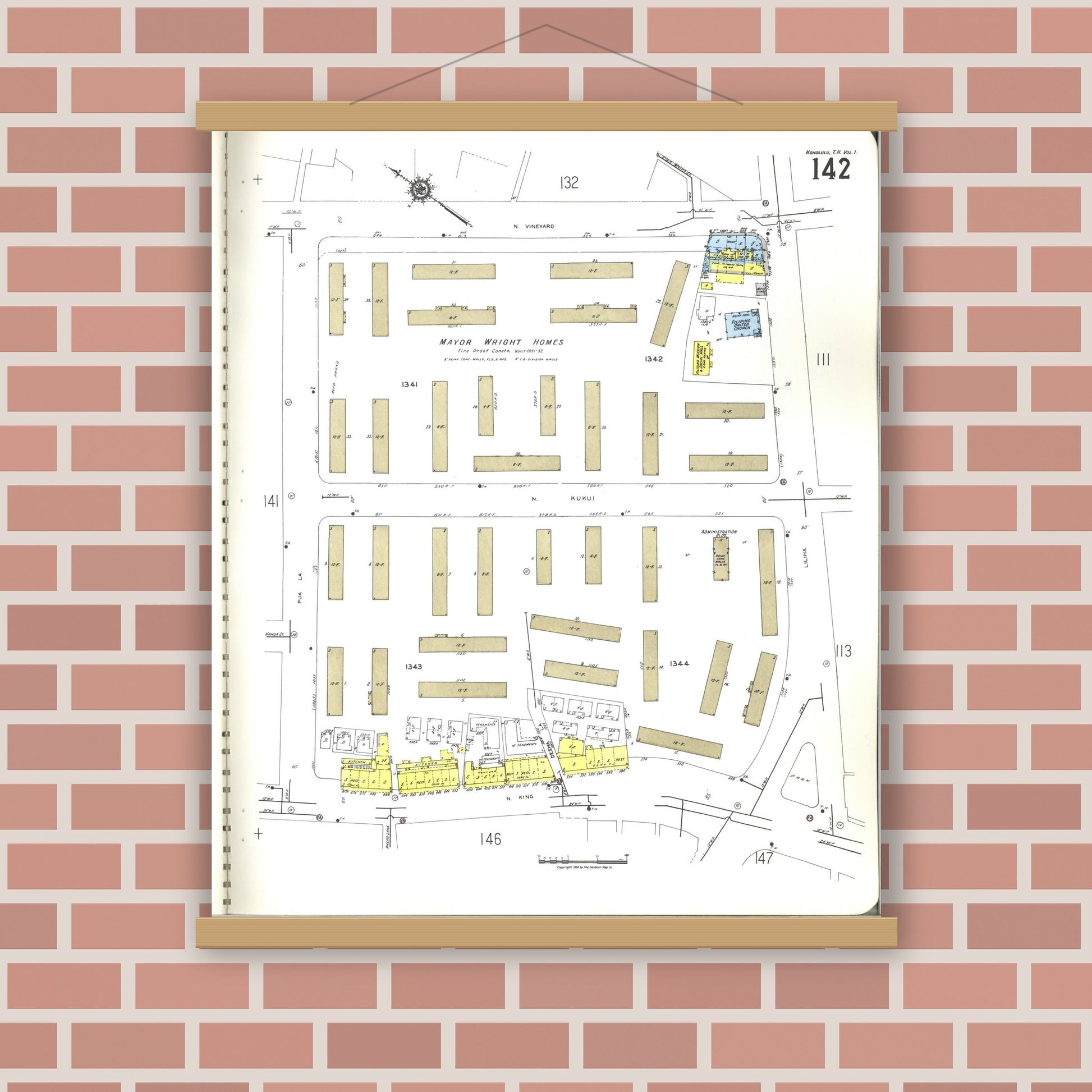Old map wall art mockup — magnetic wood frame on brick wall — Sanborn Fire Insurance Map from Honolulu, Oahu County, Hawaii (1955), Sheet #0142