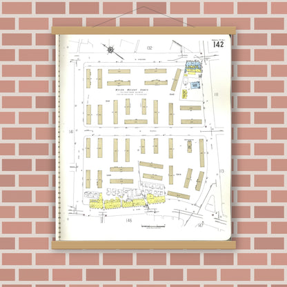 Old map wall art mockup — magnetic wood frame on brick wall — Sanborn Fire Insurance Map from Honolulu, Oahu County, Hawaii (1955), Sheet #0142