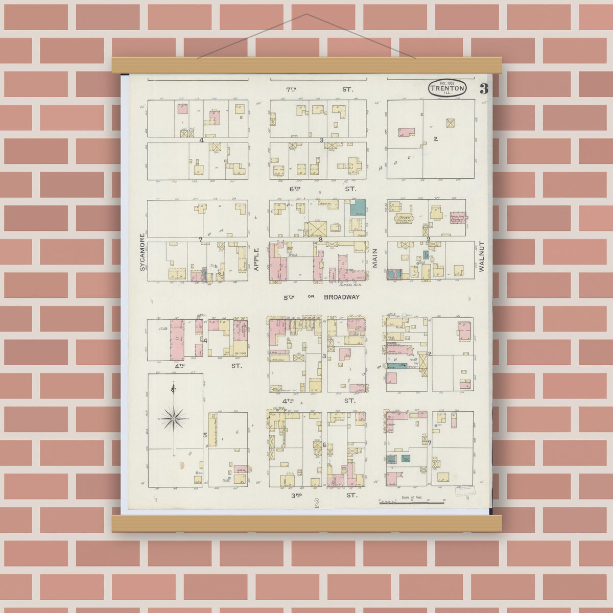 Old map wall art mockup — magnetic wood frame on brick wall — Sanborn Fire Insurance Map from Trenton, Clinton County, Illinois (1893), Sheet #0003