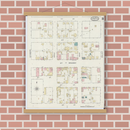 Old map wall art mockup — magnetic wood frame on brick wall — Sanborn Fire Insurance Map from Trenton, Clinton County, Illinois (1893), Sheet #0003