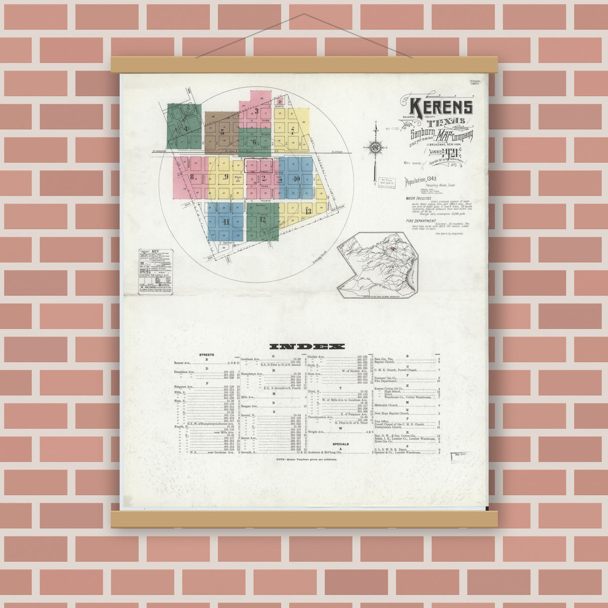 Old map wall art mockup — magnetic wood frame on brick wall — Sanborn Fire Insurance Map from Kerens, Navarro County, Texas (1921) - Complete Map Set