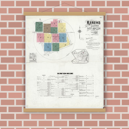 Old map wall art mockup — magnetic wood frame on brick wall — Sanborn Fire Insurance Map from Kerens, Navarro County, Texas (1921) - Complete Map Set