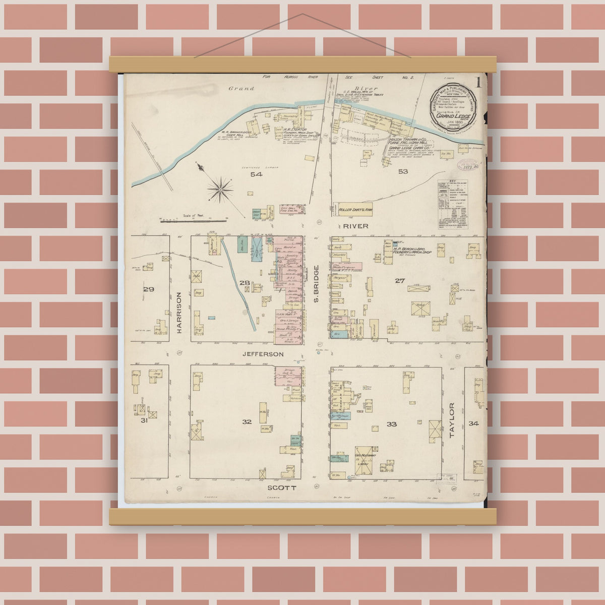 Old map wall art mockup — magnetic wood frame on brick wall — Sanborn Fire Insurance Map from Grand Ledge, Eaton County, Michigan (1886), Sheet #0001
