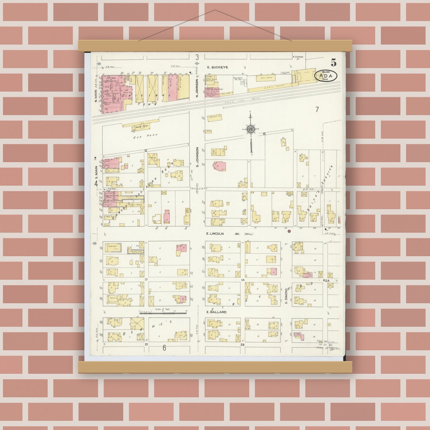 Old map wall art mockup — magnetic wood frame on brick wall — Sanborn Fire Insurance Map from Ada, Hardin County, Ohio (1910), Sheet #0005