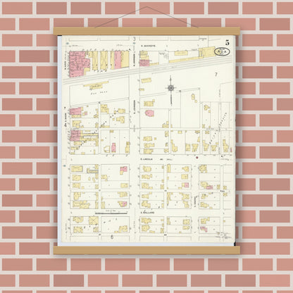 Old map wall art mockup — magnetic wood frame on brick wall — Sanborn Fire Insurance Map from Ada, Hardin County, Ohio (1910), Sheet #0005