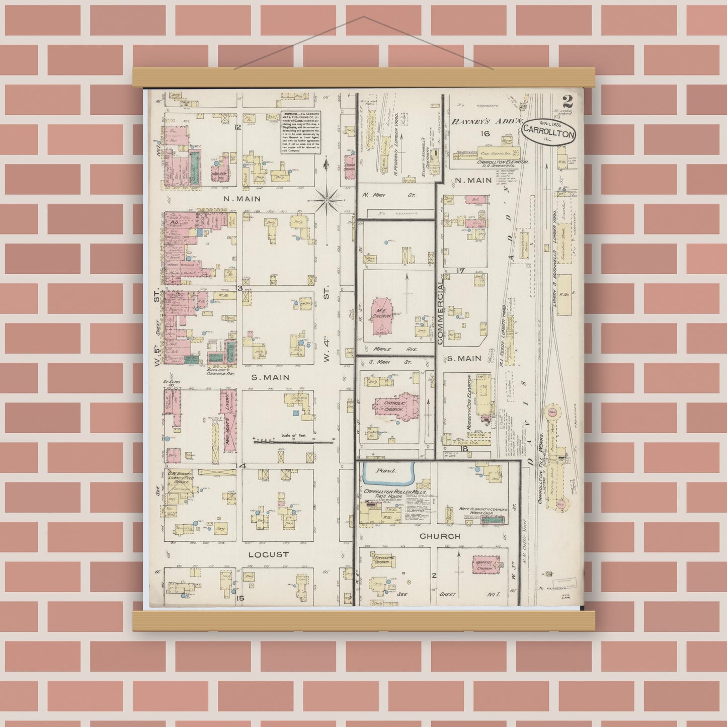 Old map wall art mockup — magnetic wood frame on brick wall — Sanborn Fire Insurance Map from Carrollton, Greene County, Illinois (1885), Sheet #0002