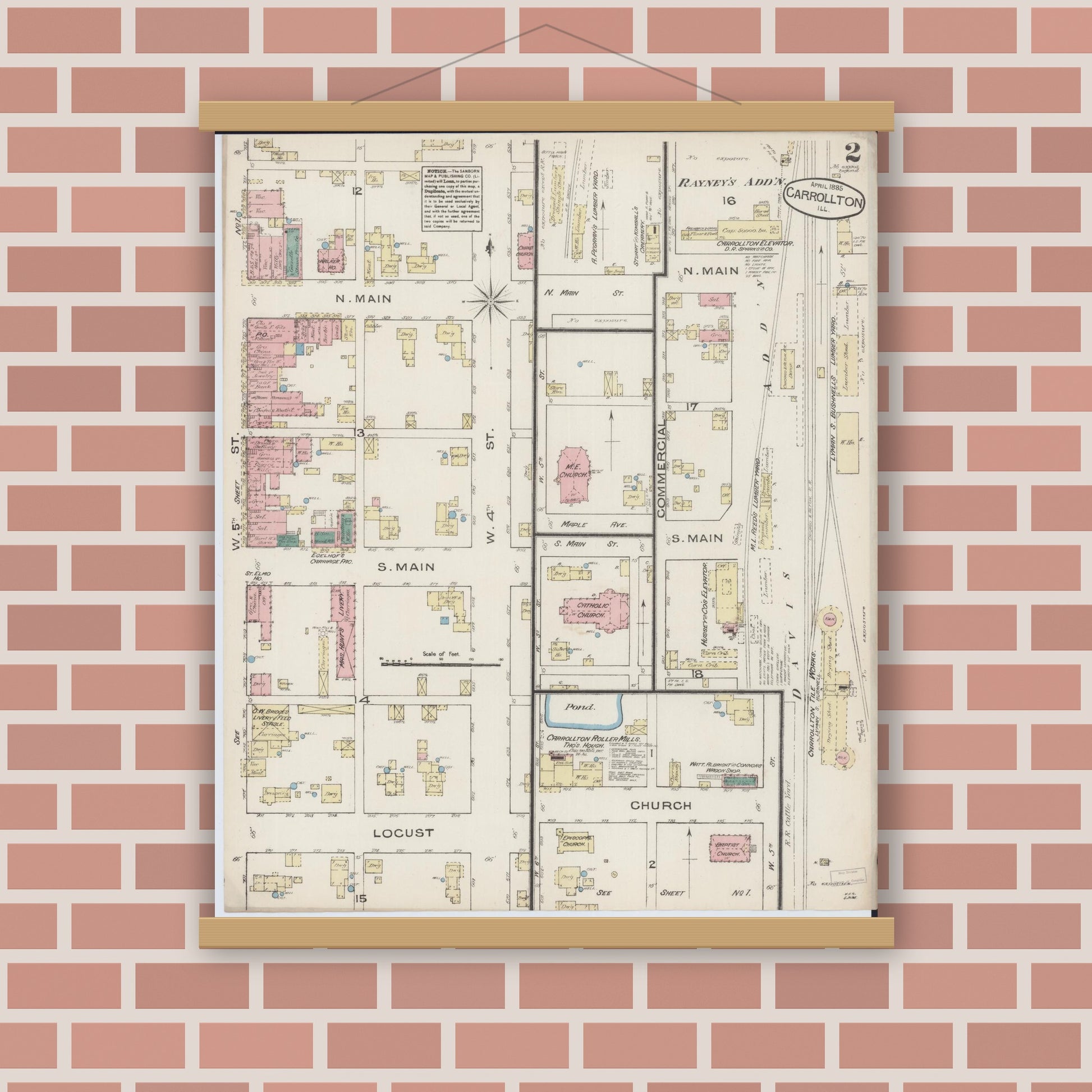 Old map wall art mockup — magnetic wood frame on brick wall — Sanborn Fire Insurance Map from Carrollton, Greene County, Illinois (1885), Sheet #0002