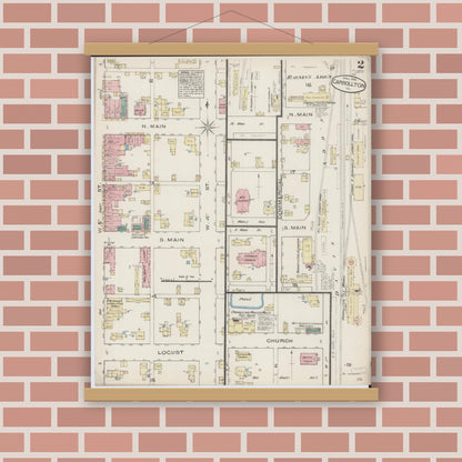 Old map wall art mockup — magnetic wood frame on brick wall — Sanborn Fire Insurance Map from Carrollton, Greene County, Illinois (1885), Sheet #0002