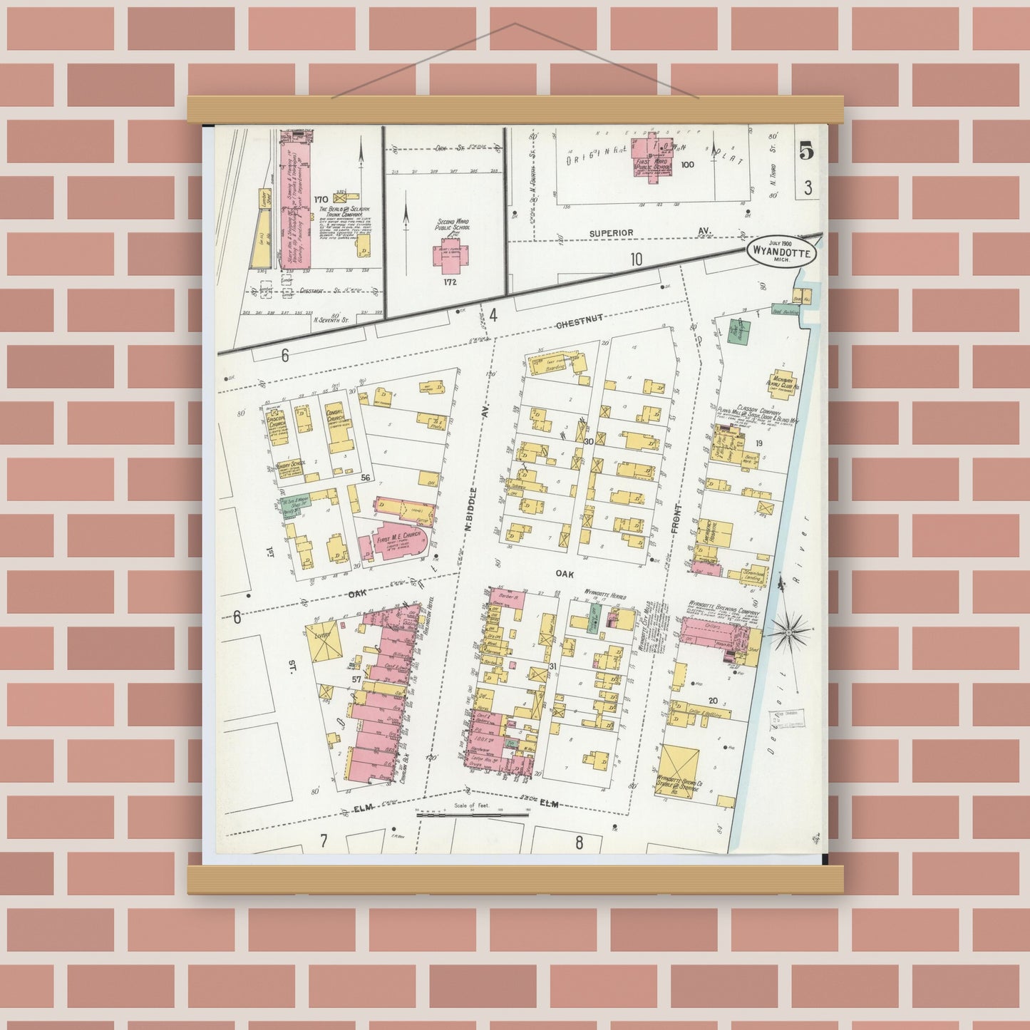 Old map wall art mockup — magnetic wood frame on brick wall — Sanborn Fire Insurance Map from Wyandotte, Wayne County, Michigan (1900), Sheet #0005