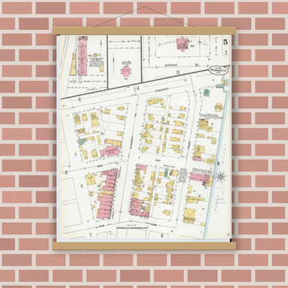 Old map wall art mockup — magnetic wood frame on brick wall — Sanborn Fire Insurance Map from Wyandotte, Wayne County, Michigan (1900), Sheet #0005