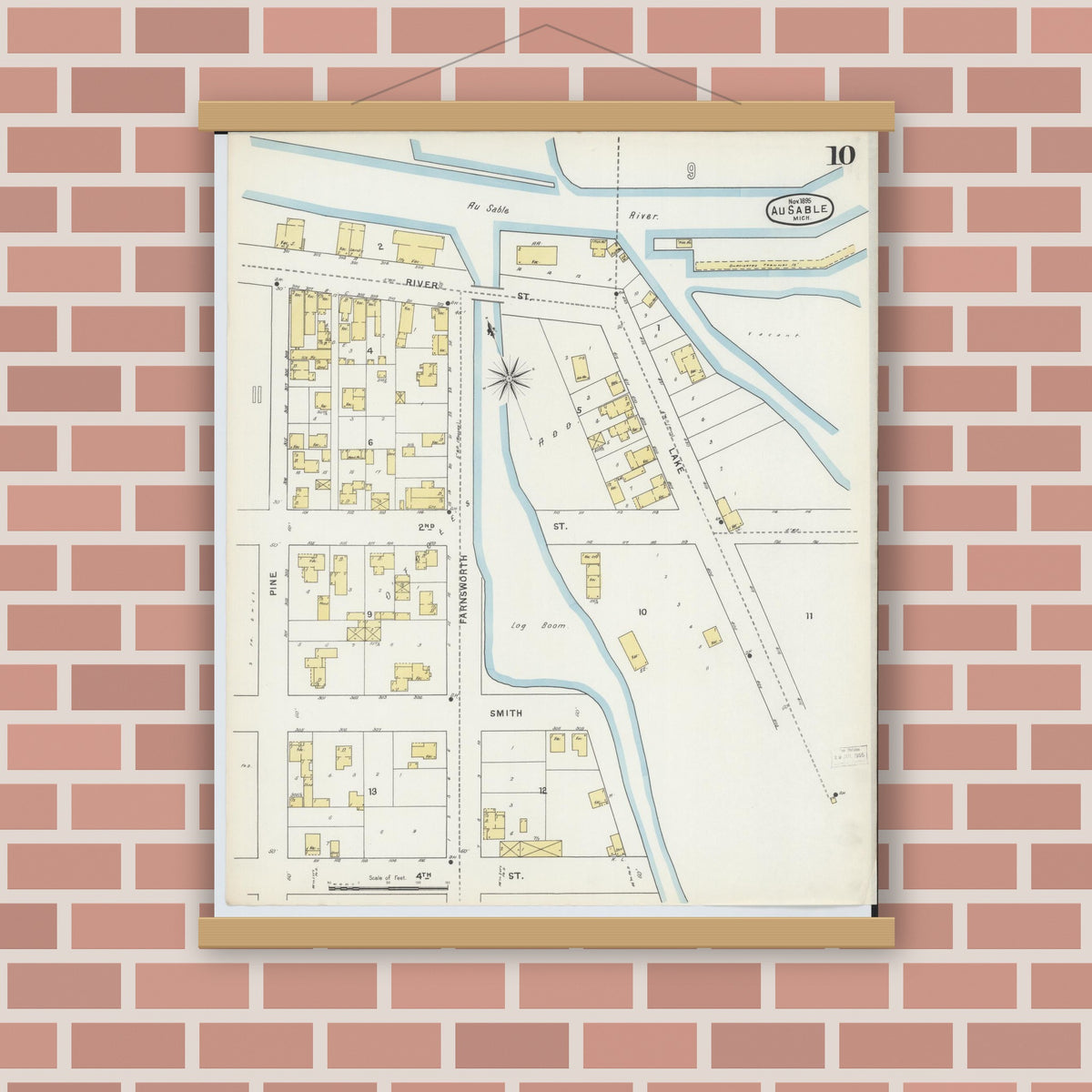 Old map wall art mockup — magnetic wood frame on brick wall — Sanborn Fire Insurance Map from Oscoda, Iosco County, Michigan (1895), Sheet #0010
