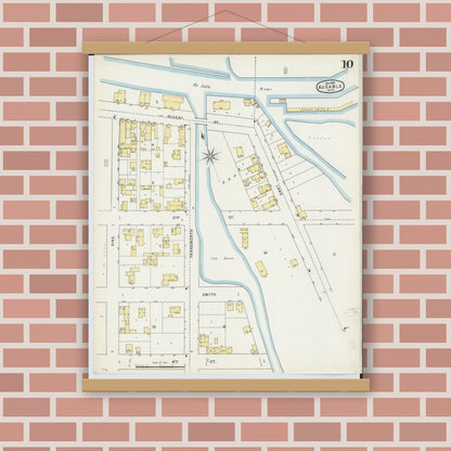 Old map wall art mockup — magnetic wood frame on brick wall — Sanborn Fire Insurance Map from Oscoda, Iosco County, Michigan (1895), Sheet #0010