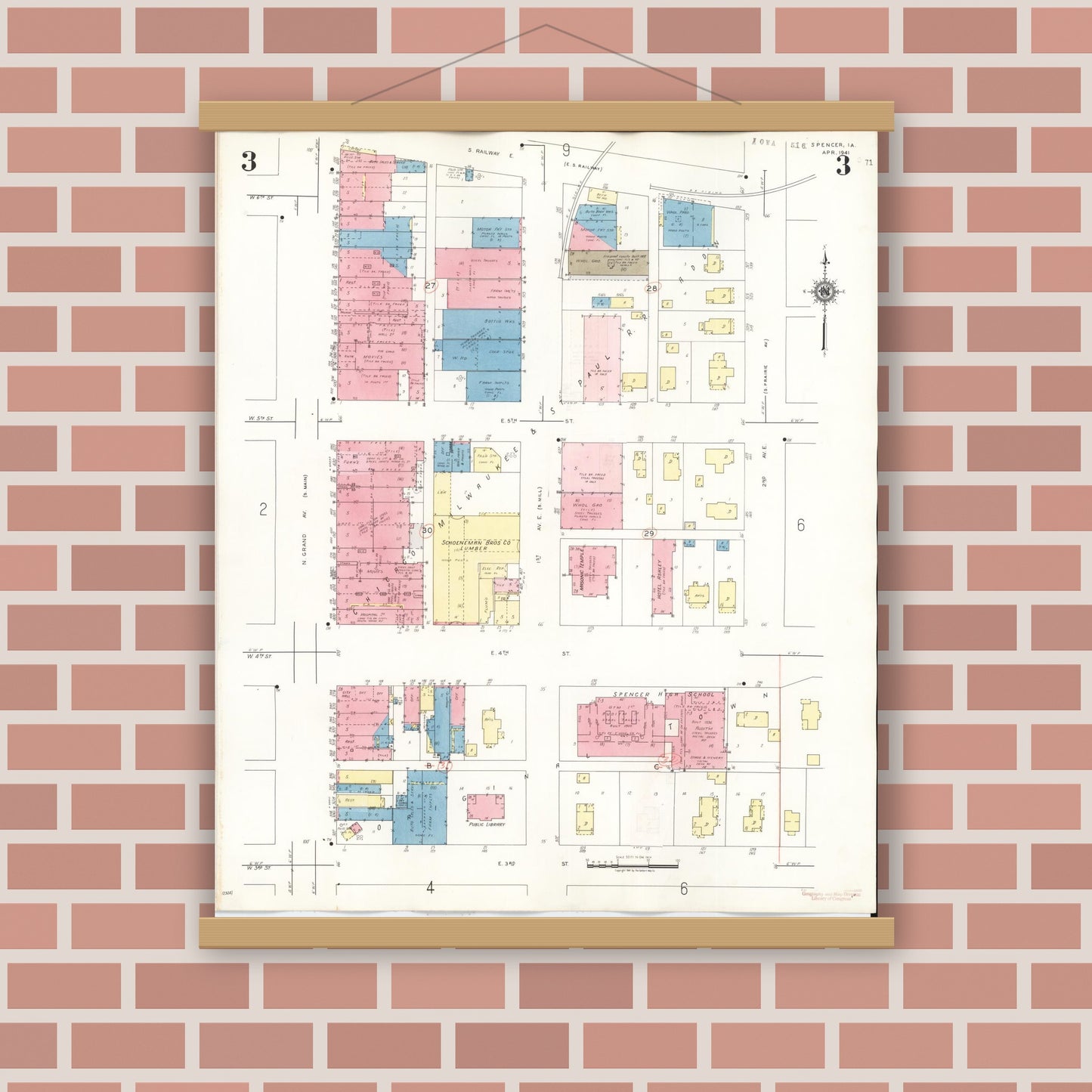 Old map wall art mockup — magnetic wood frame on brick wall — Sanborn Fire Insurance Map from Spencer, Clay County, Iowa (1946), Sheet #0003
