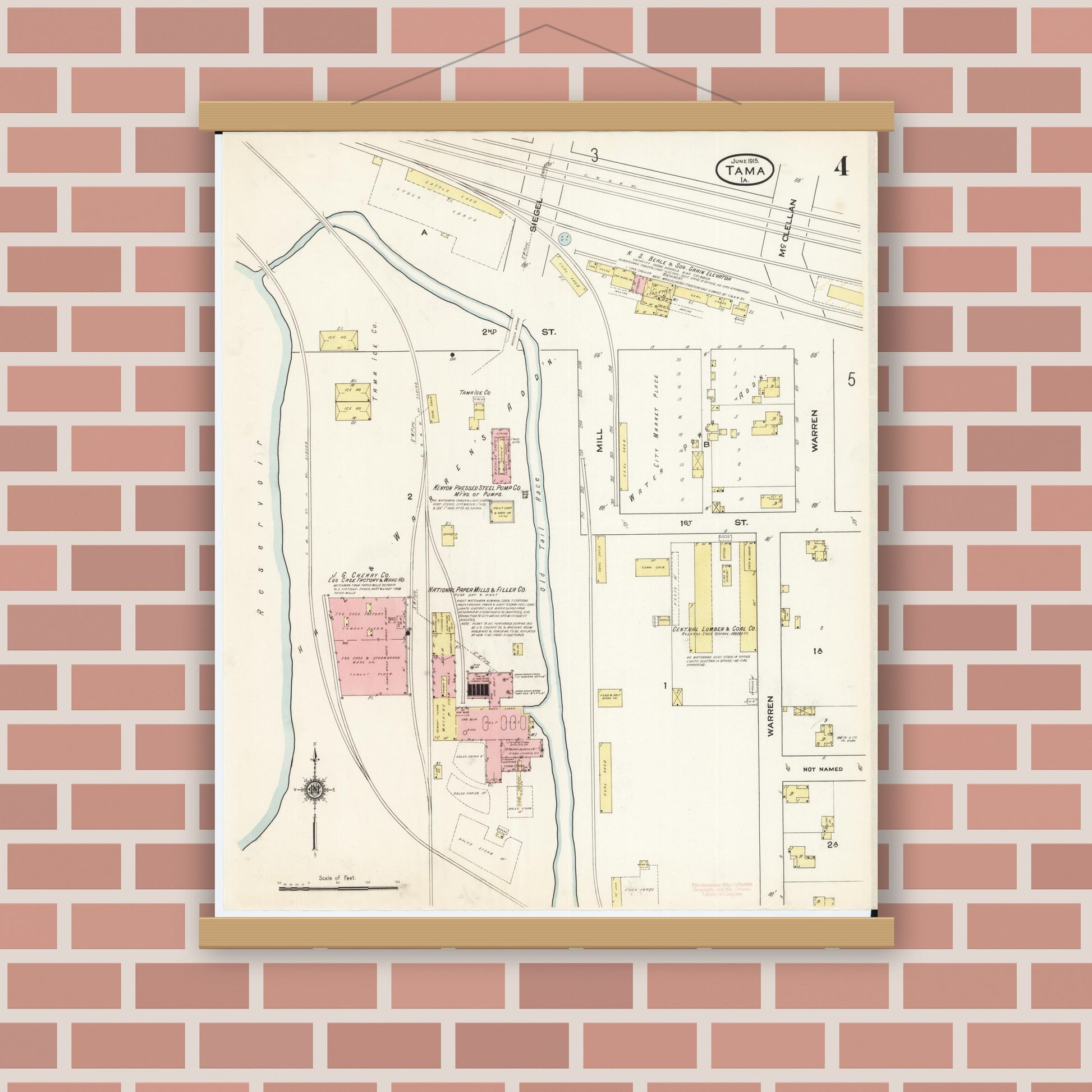 Old map wall art mockup — magnetic wood frame on brick wall — Sanborn Fire Insurance Map from Tama, Tama County, Iowa (1915), Sheet #0004