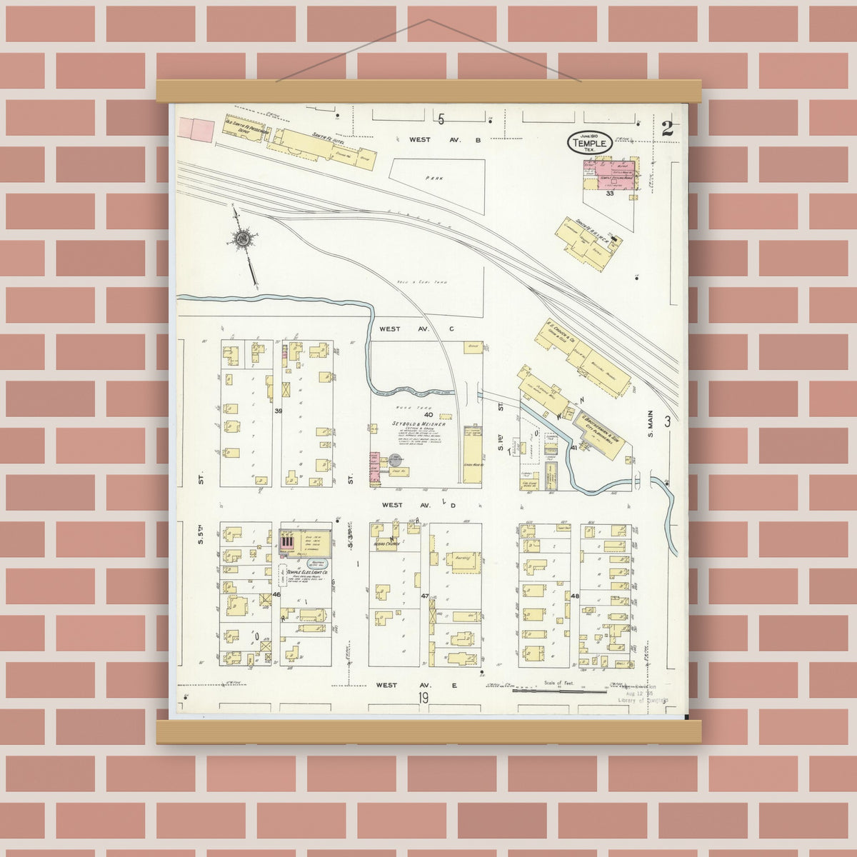 Old map wall art mockup — magnetic wood frame on brick wall — Sanborn Fire Insurance Map from Temple, Bell County, Texas (1910), Sheet #0002