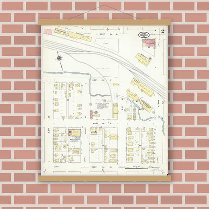 Old map wall art mockup — magnetic wood frame on brick wall — Sanborn Fire Insurance Map from Temple, Bell County, Texas (1910), Sheet #0002