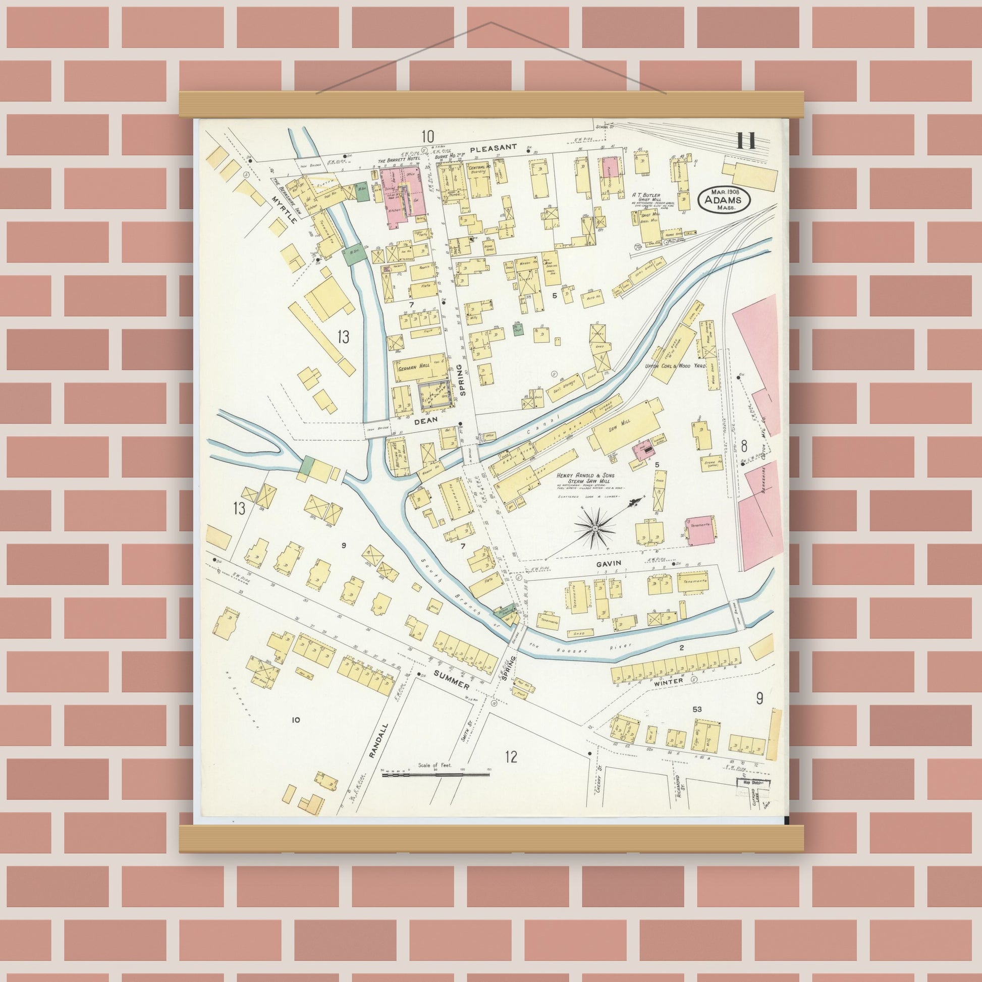 Old map wall art mockup — magnetic wood frame on brick wall — Sanborn Fire Insurance Map from Adams, Berkshire County, Massachusetts (1908), Sheet #0011