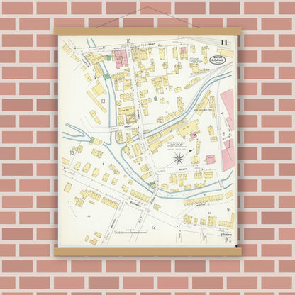 Old map wall art mockup — magnetic wood frame on brick wall — Sanborn Fire Insurance Map from Adams, Berkshire County, Massachusetts (1908), Sheet #0011