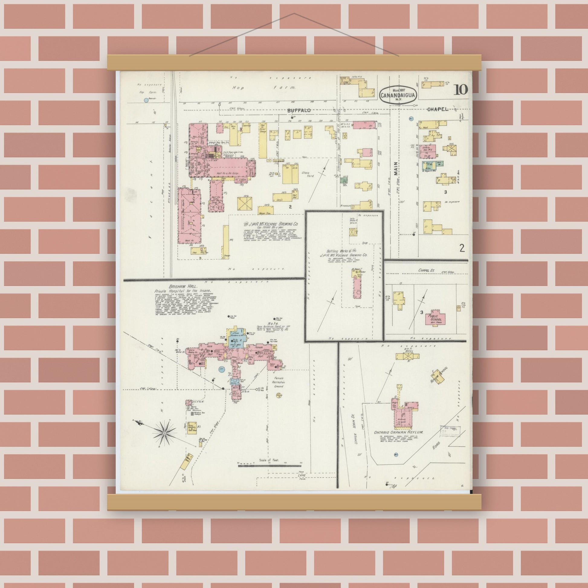 Old map wall art mockup — magnetic wood frame on brick wall — Sanborn Fire Insurance Map from Canandaigua, Ontario County, New York (1897), Sheet #0010