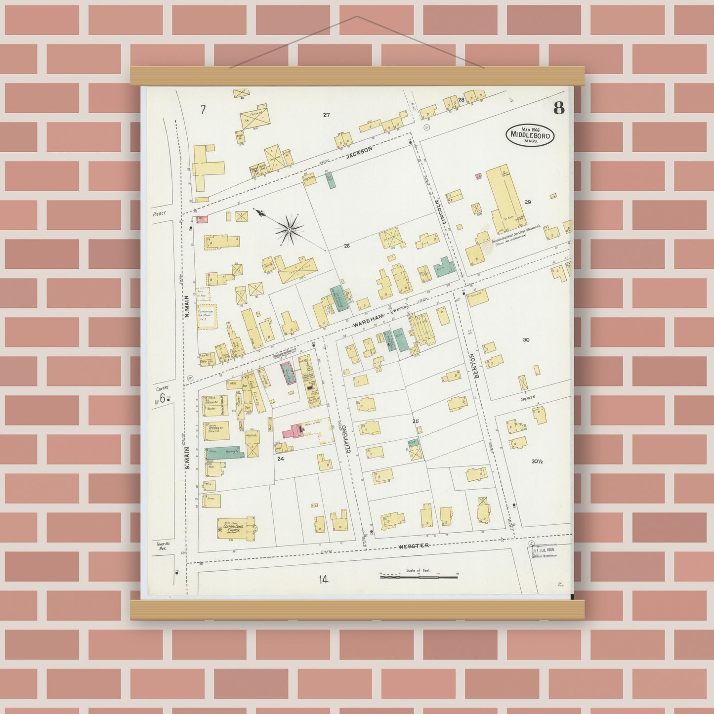 Old map wall art mockup — magnetic wood frame on brick wall — Sanborn Fire Insurance Map from Middleboro, Plymouth County, Massachusetts (1906), Sheet #0008