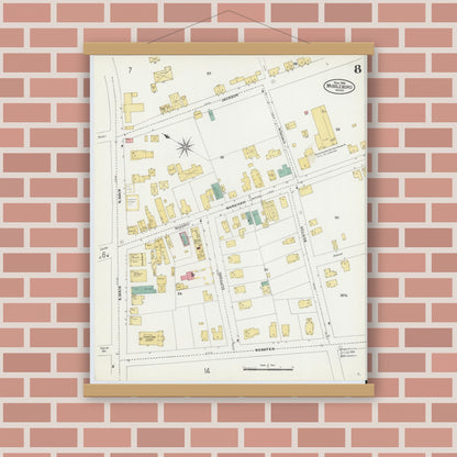 Old map wall art mockup — magnetic wood frame on brick wall — Sanborn Fire Insurance Map from Middleboro, Plymouth County, Massachusetts (1906), Sheet #0008