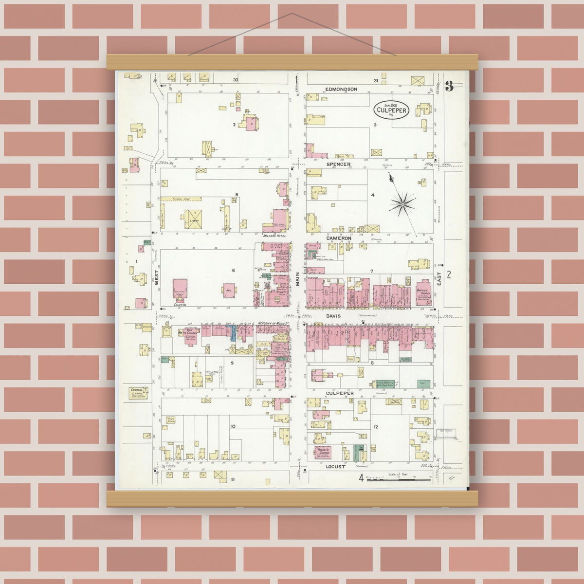 Old map wall art mockup — magnetic wood frame on brick wall — Sanborn Fire Insurance Map from Culpeper, Culpeper County, Virginia (1908), Sheet #0003