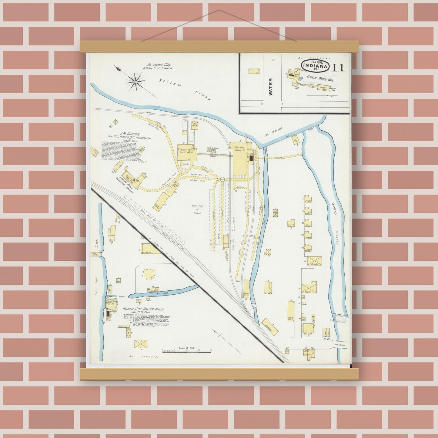 Old map wall art mockup — magnetic wood frame on brick wall — Sanborn Fire Insurance Map from Indiana, Indiana County, Pennsylvania (1892), Sheet #0011