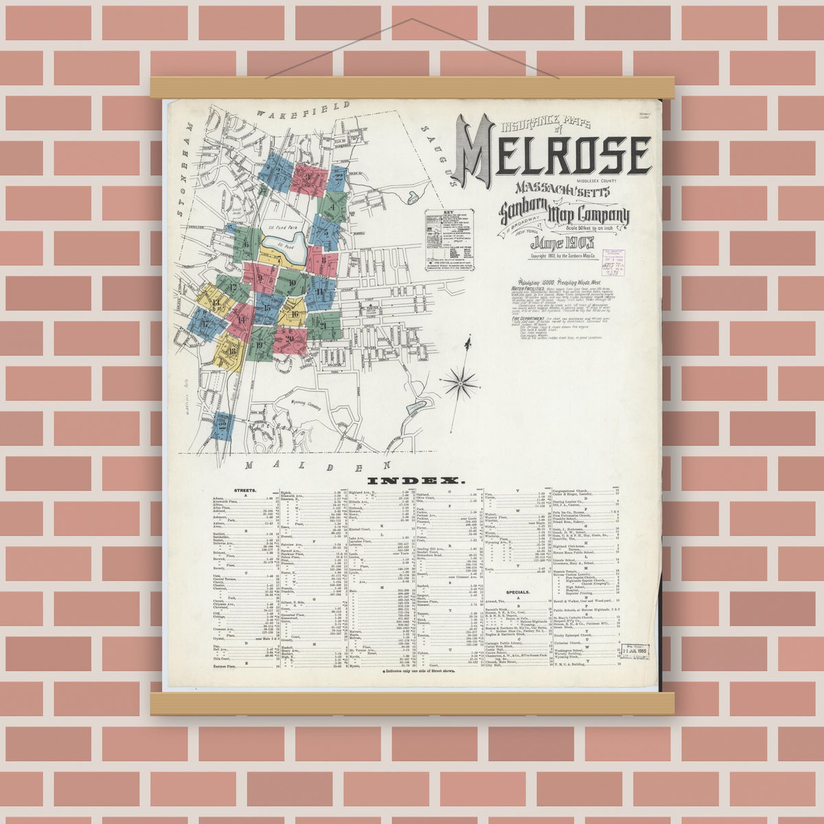Old map wall art mockup — magnetic wood frame on brick wall — Sanborn Fire Insurance Map from Melrose, Middlesex County, Massachusetts (1903), Sheet #0001
