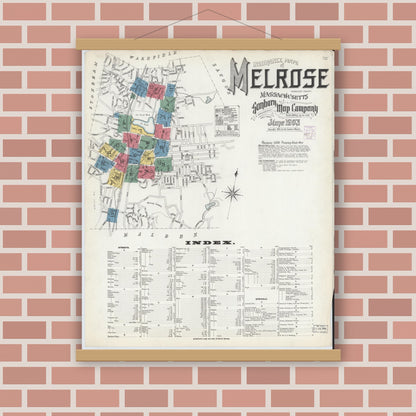 Old map wall art mockup — magnetic wood frame on brick wall — Sanborn Fire Insurance Map from Melrose, Middlesex County, Massachusetts (1903), Sheet #0001