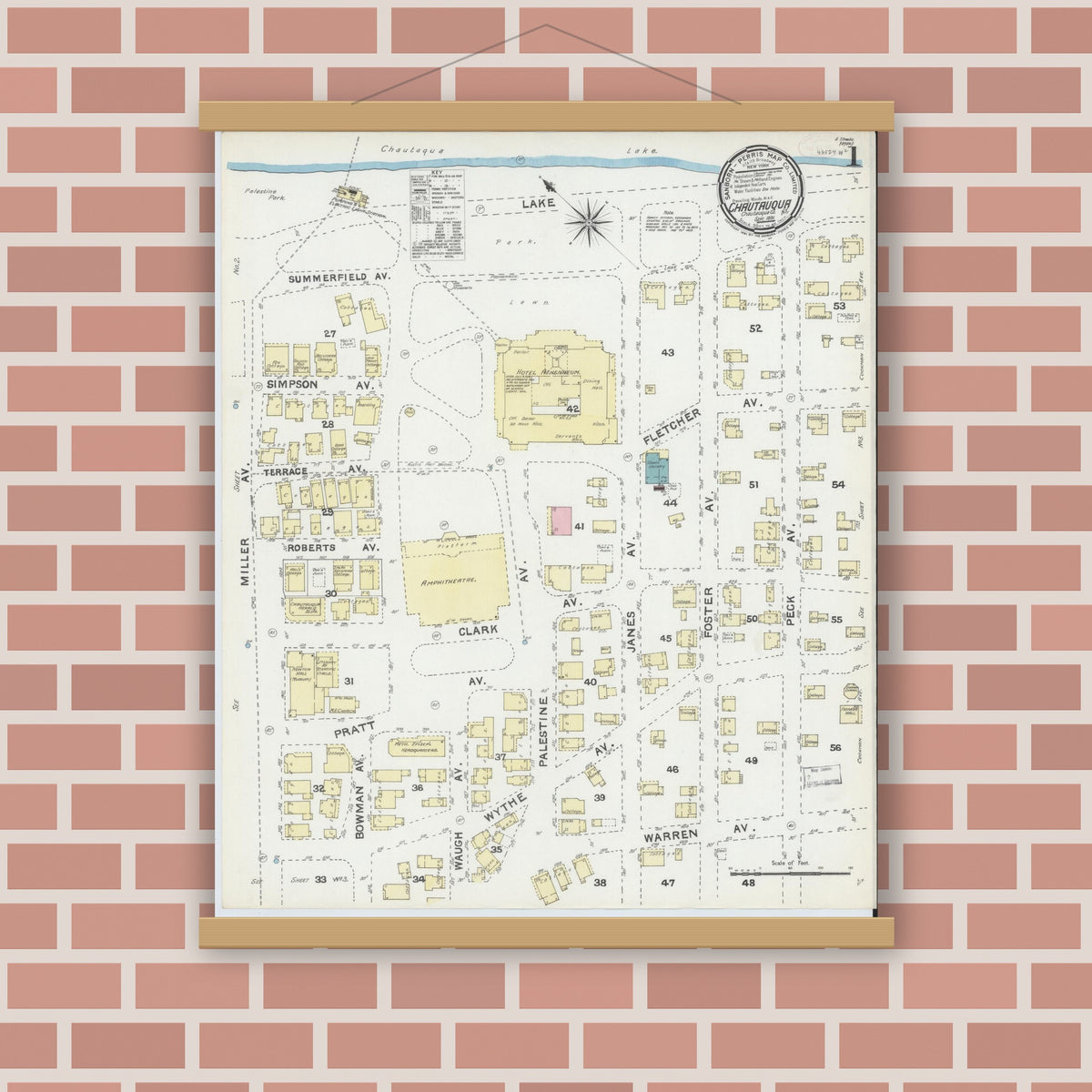 Old map wall art mockup — magnetic wood frame on brick wall — Sanborn Fire Insurance Map from Chautauqua, Chautauqua County, New York (1891), Sheet #0001