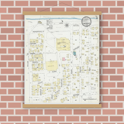Old map wall art mockup — magnetic wood frame on brick wall — Sanborn Fire Insurance Map from Chautauqua, Chautauqua County, New York (1891), Sheet #0001