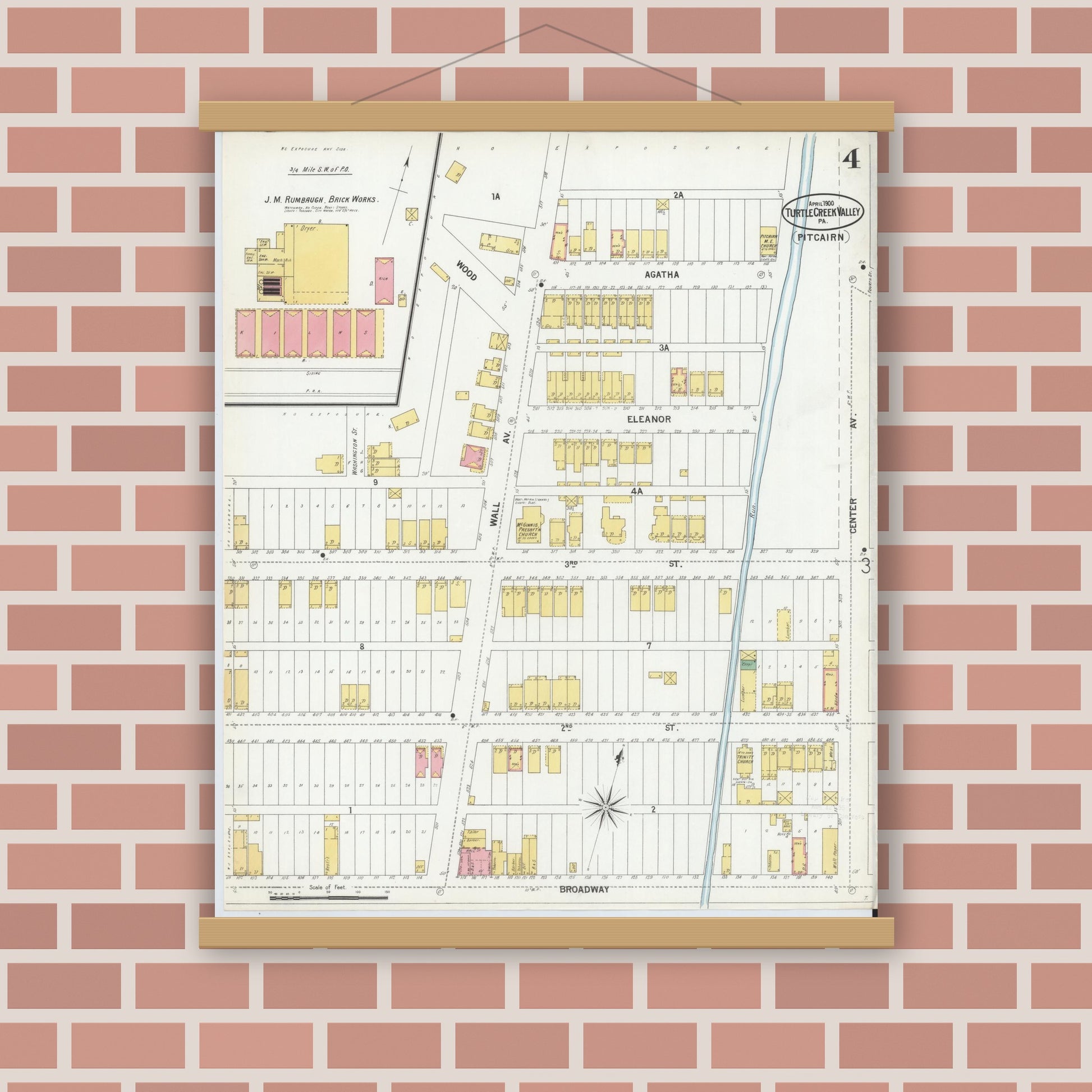 Old map wall art mockup — magnetic wood frame on brick wall — Sanborn Fire Insurance Map from Turtle Creek Valley, Allegheny County, Pennsylvania (1900), Sheet #0004