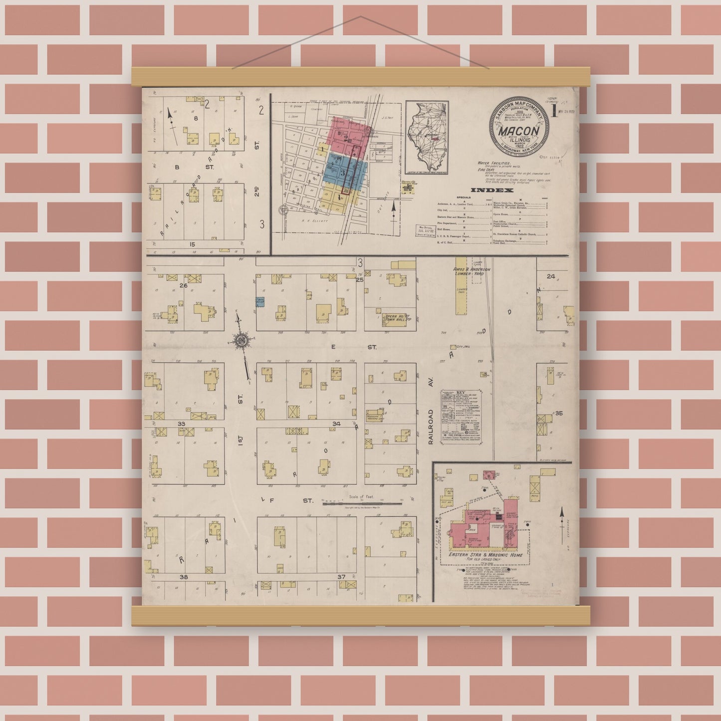Old map wall art mockup — magnetic wood frame on brick wall — Sanborn Fire Insurance Map from Macon, Macon County, Illinois (1922) - Complete Map Set