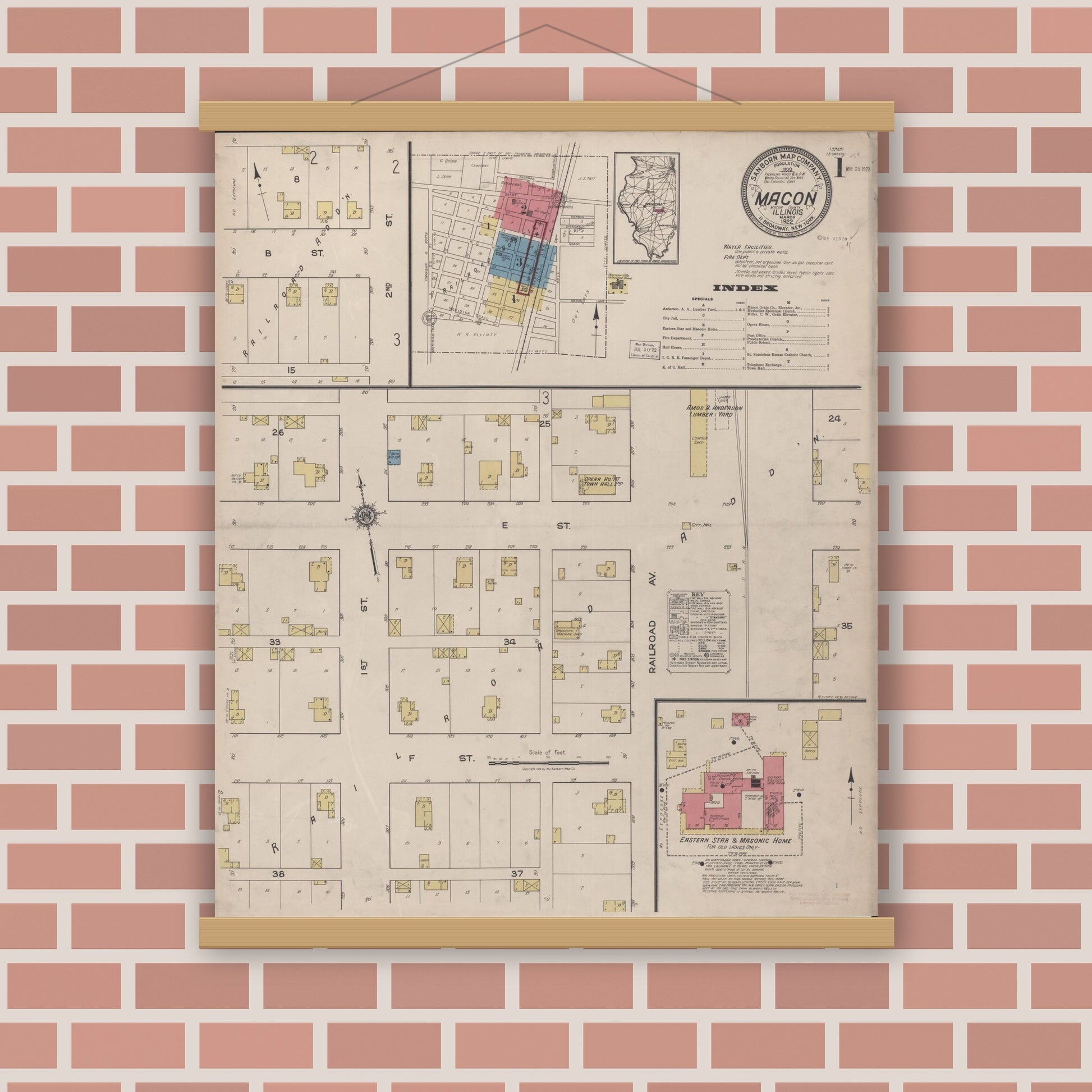 Old map wall art mockup — magnetic wood frame on brick wall — Sanborn Fire Insurance Map from Macon, Macon County, Illinois (1922) - Complete Map Set