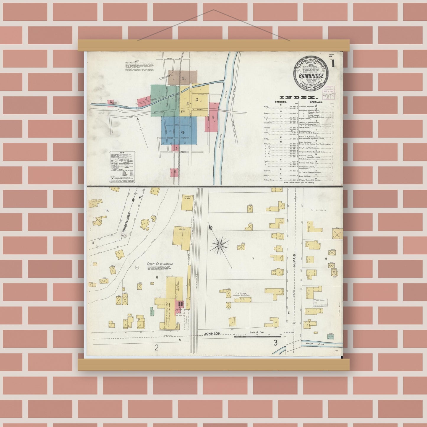 Old map wall art mockup — magnetic wood frame on brick wall — Sanborn Fire Insurance Map from Bainbridge, Chenango County, New York (1903) - Complete Map Set