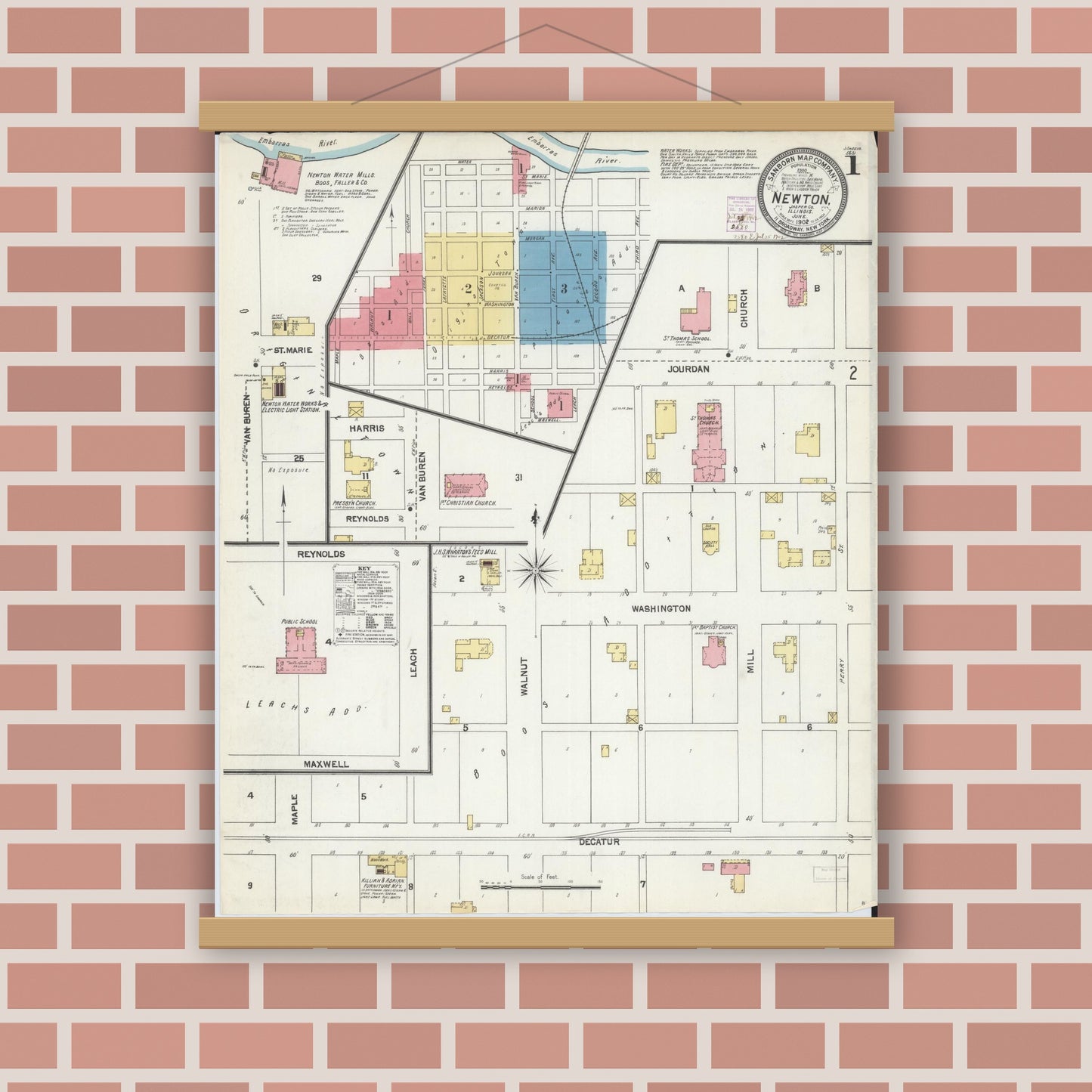 Old map wall art mockup — magnetic wood frame on brick wall — Sanborn Fire Insurance Map from Newton, Jasper County, Illinois (1902) - Complete Map Set