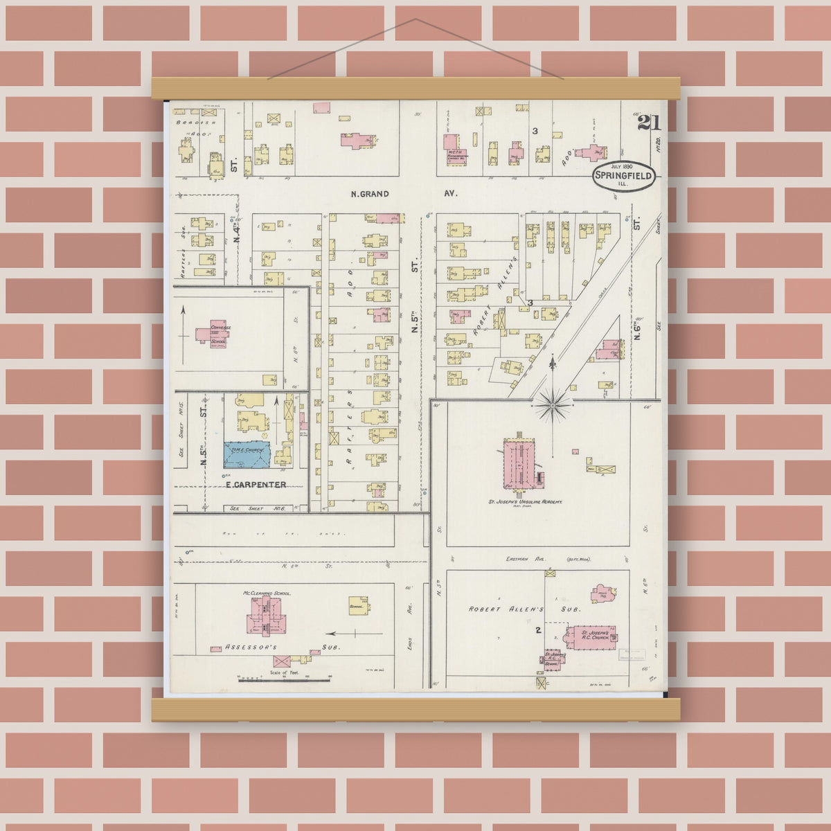 Old map wall art mockup — magnetic wood frame on brick wall — Sanborn Fire Insurance Map from Springfield, Sangamon County, Illinois (1890), Sheet #0021