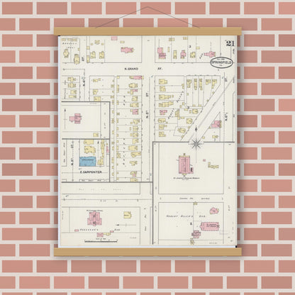 Old map wall art mockup — magnetic wood frame on brick wall — Sanborn Fire Insurance Map from Springfield, Sangamon County, Illinois (1890), Sheet #0021