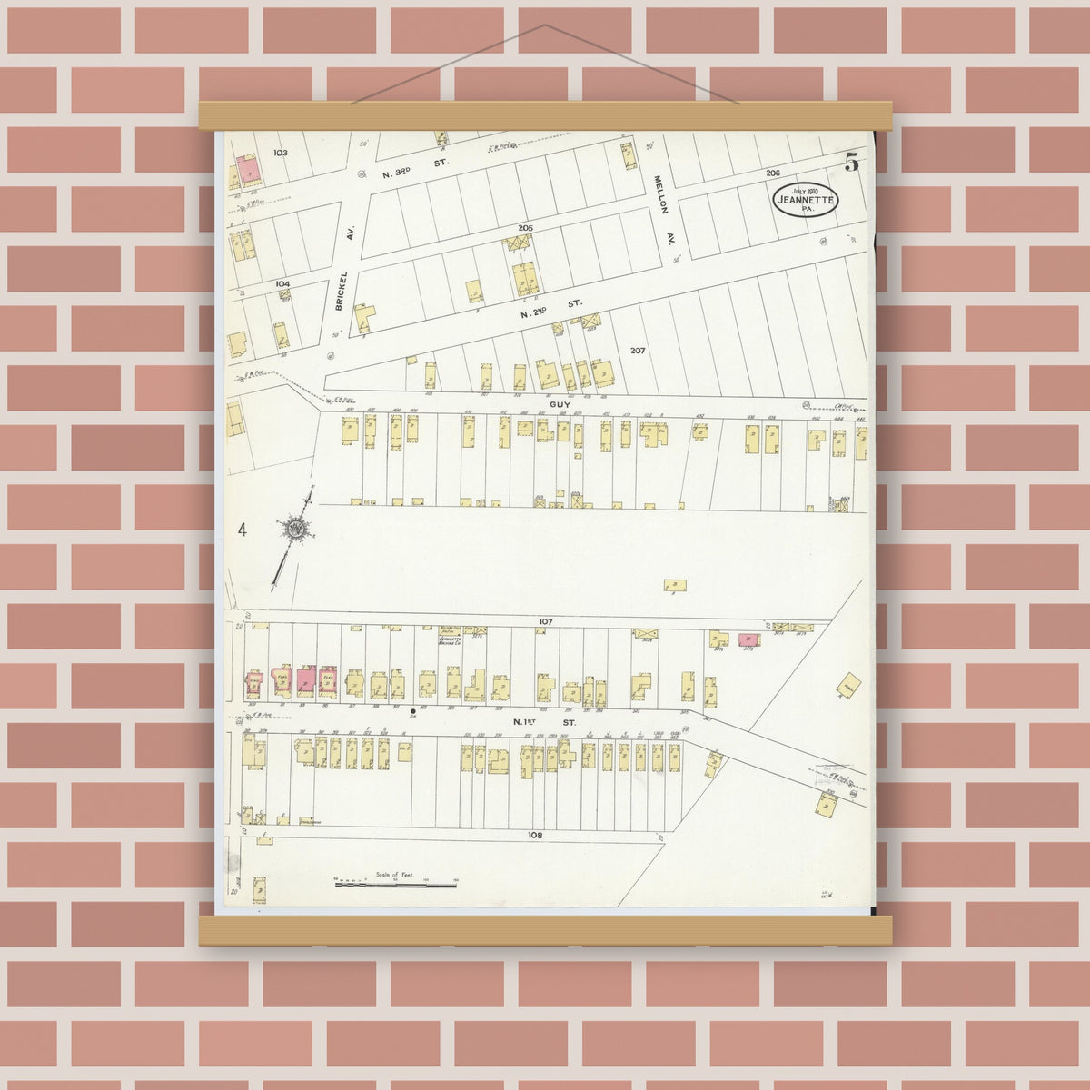 Old map wall art mockup — magnetic wood frame on brick wall — Sanborn Fire Insurance Map from Jeannette, Westmoreland County, Pennsylvania (1910), Sheet #0005