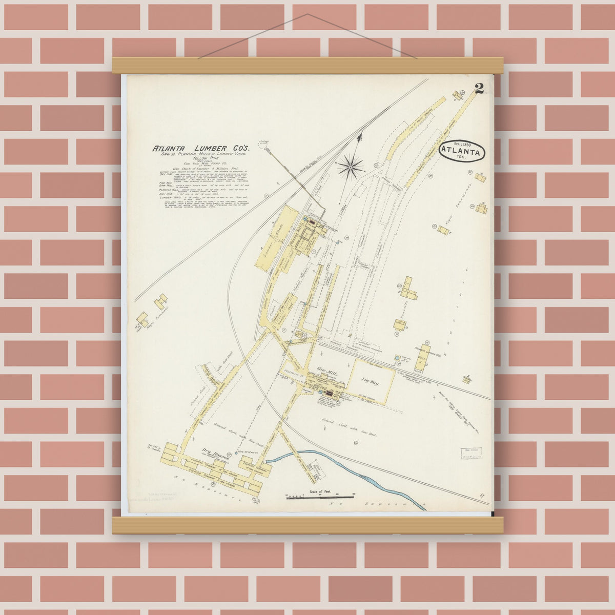 Old map wall art mockup — magnetic wood frame on brick wall — Sanborn Fire Insurance Map from Atlanta, Cass County, Texas (1890), Sheet #0002