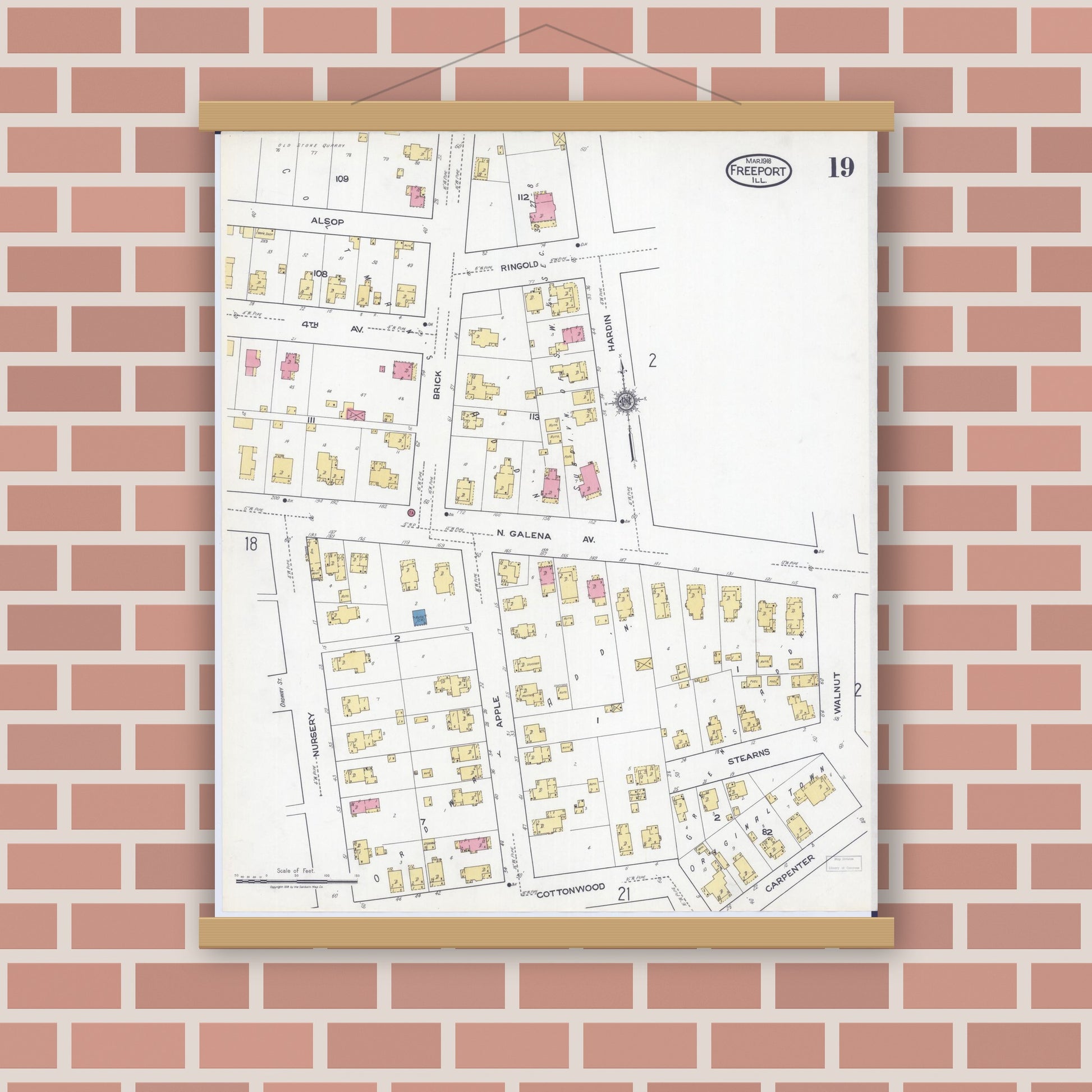 Old map wall art mockup — magnetic wood frame on brick wall — Sanborn Fire Insurance Map from Freeport, Stephenson County, Illinois (1918), Sheet #0019
