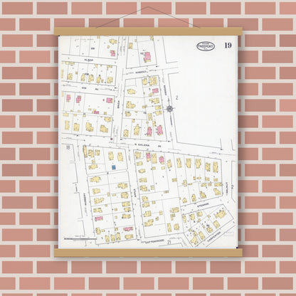 Old map wall art mockup — magnetic wood frame on brick wall — Sanborn Fire Insurance Map from Freeport, Stephenson County, Illinois (1918), Sheet #0019