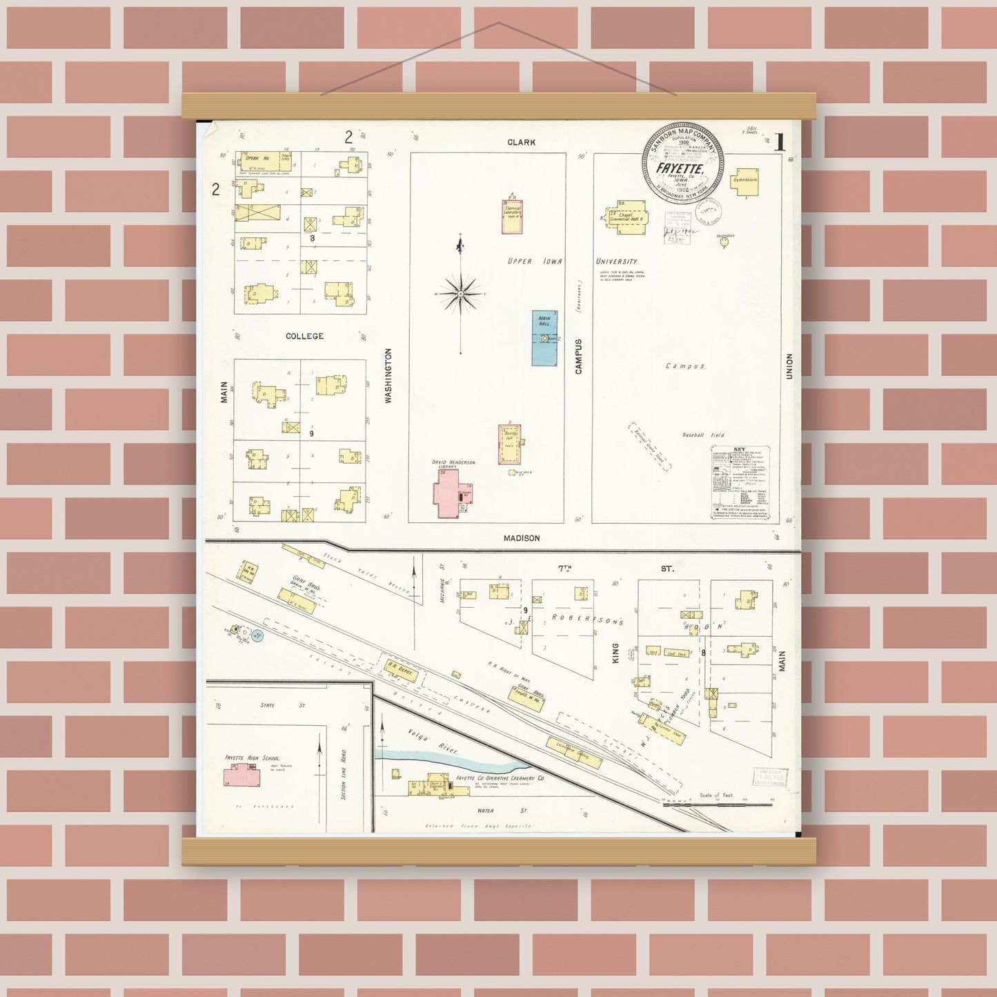 Old map wall art mockup — magnetic wood frame on brick wall — Sanborn Fire Insurance Map from Fayette, Fayette County, Iowa (1902) â€” Complete Set
