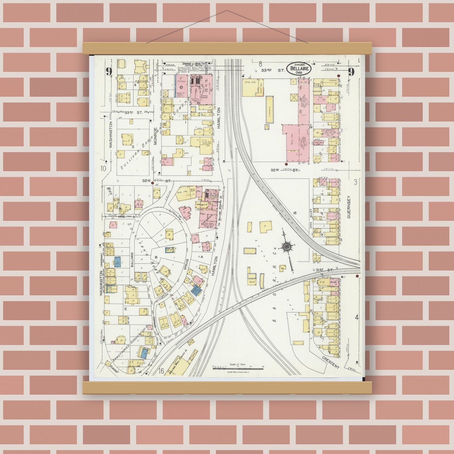 Old map wall art mockup — magnetic wood frame on brick wall — Sanborn Fire Insurance Map from Bellaire, Belmont County, Ohio (1924), Sheet #0009
