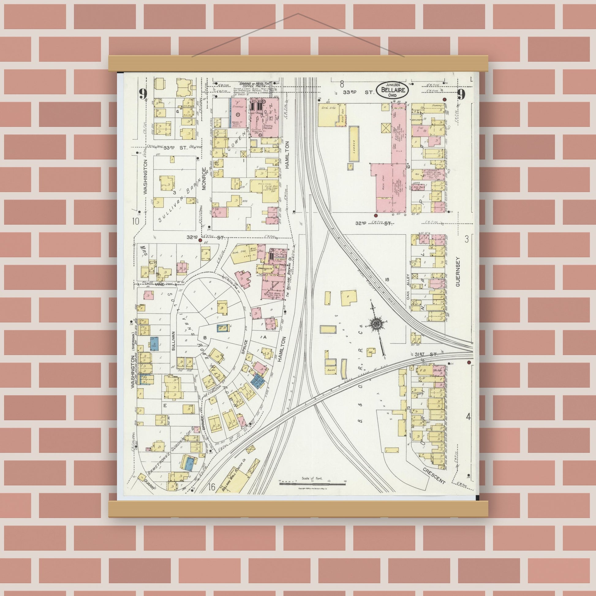 Old map wall art mockup — magnetic wood frame on brick wall — Sanborn Fire Insurance Map from Bellaire, Belmont County, Ohio (1924), Sheet #0009
